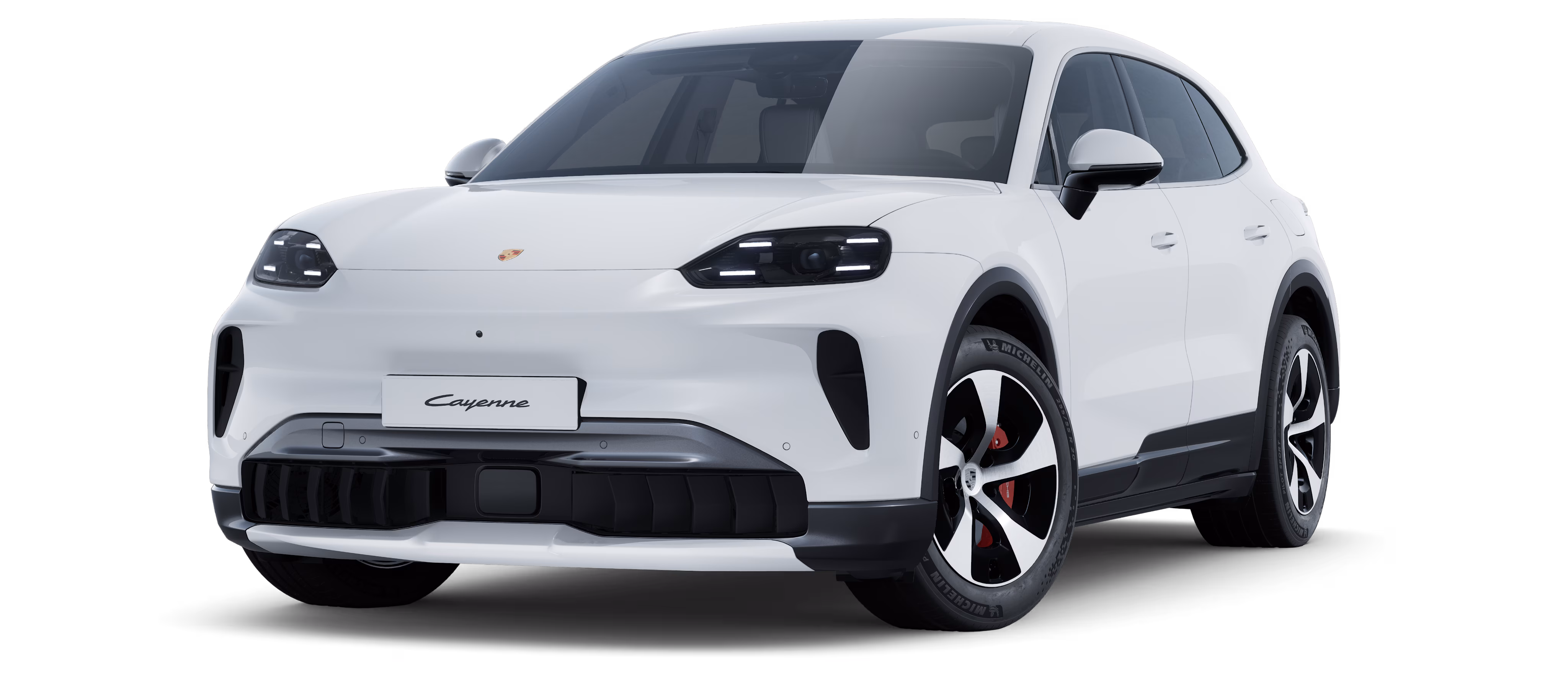 Weißer Porsche Cayenne S Electric von vorne.
