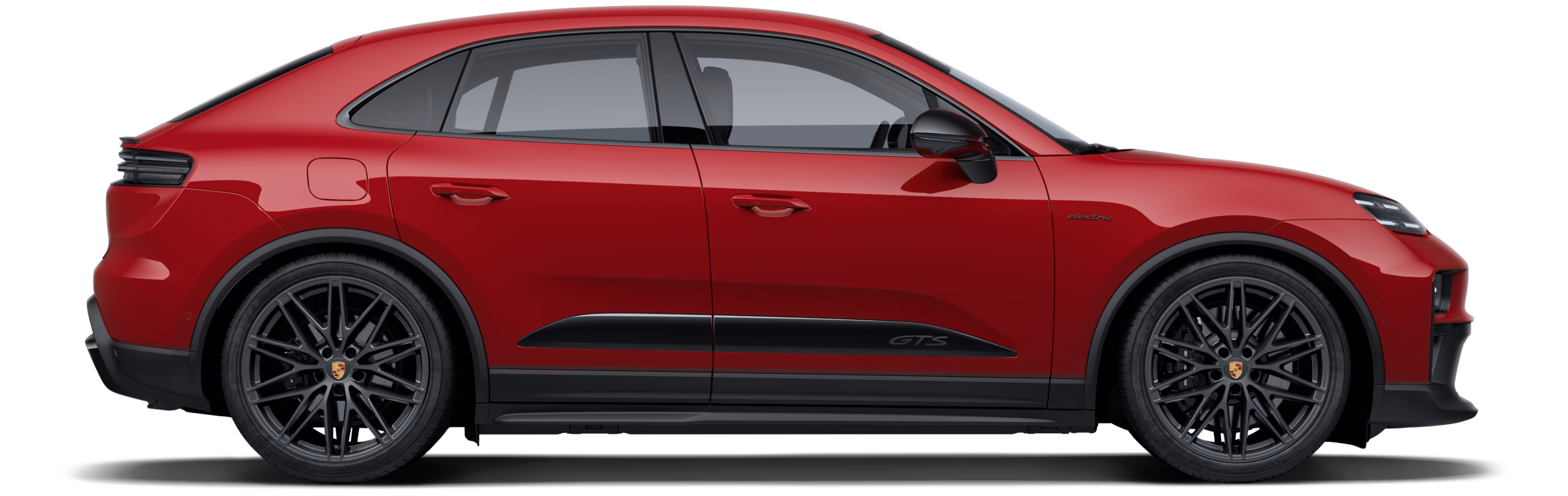 Side view or profile of the Porsche Macan GTS in Carmine Red.