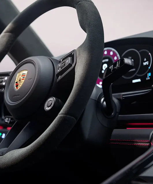 Close view studio shot of the steering wheel of a Panamera GTS. 