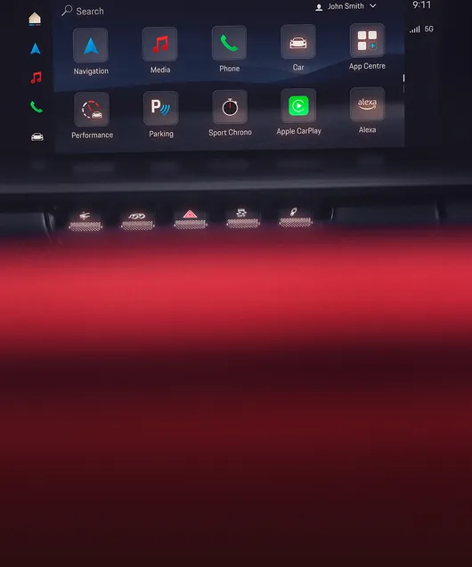 Interior of the Porsche 911 Carrera GTS Cabriolet. View of the infotainment system – called the Porsche Communication Management System (PCM).