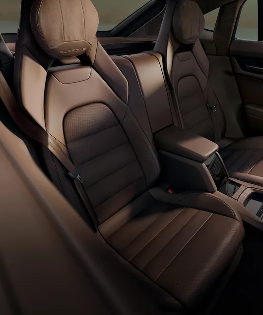 Салон Porsche Panamera 4 E-Hybrid Executive: вид на комфортные отдельные сиденья в задней части салона.