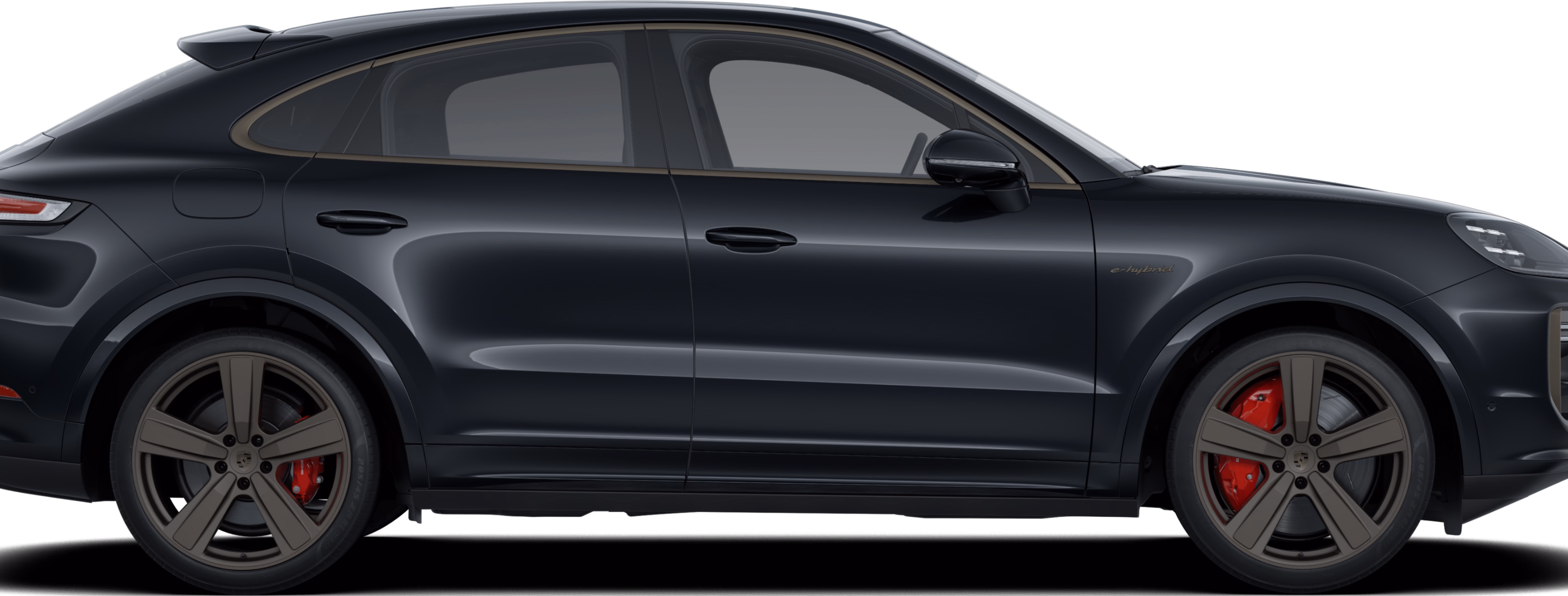Side view / profile view of the Porsche Cayenne Turbo E-Hybrid Coupé in Chromite Black Metallic.