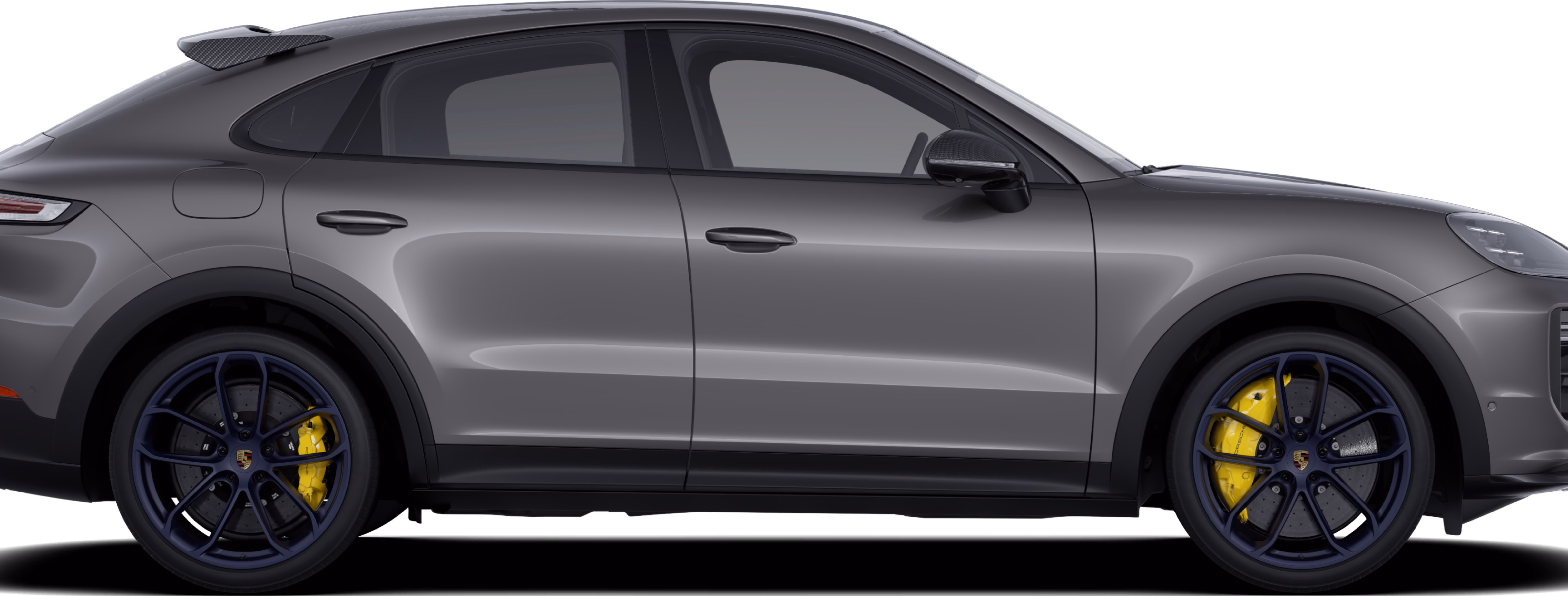 Side view / profile of a Porsche Cayenne Turbo GT in a Quarzite Grey Metallic paint finish.