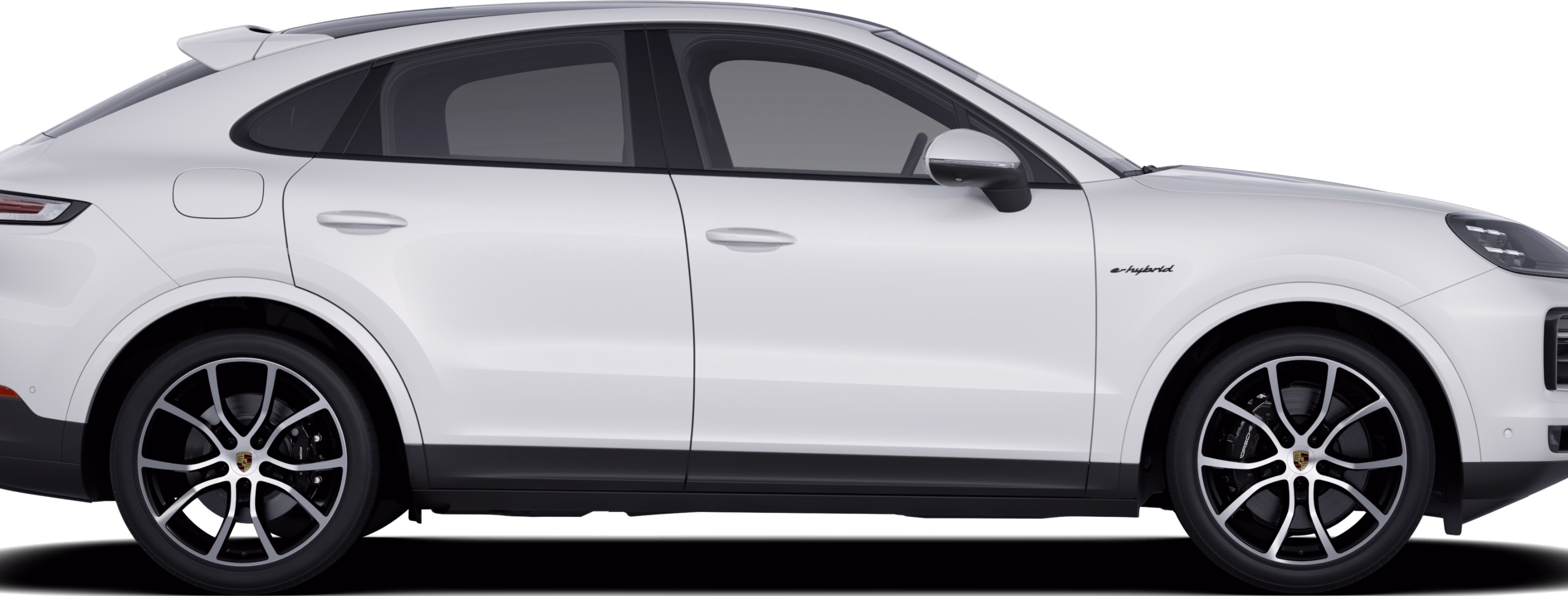 Side view / profile of a Porsche Cayenne E-Hybrid Coupé in a Carrara White Metallic paint finish.