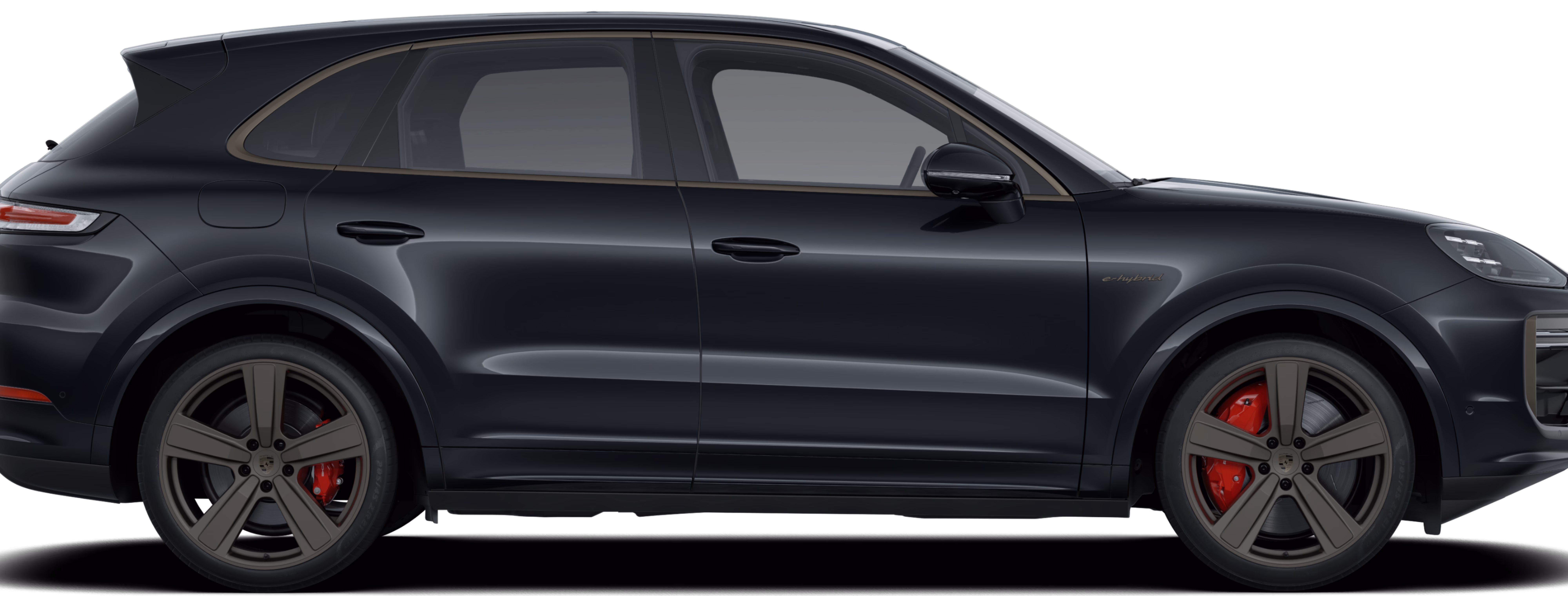Side view/profile view of the Porsche Cayenne Turbo E-Hybrid in Chromite Black Metallic.