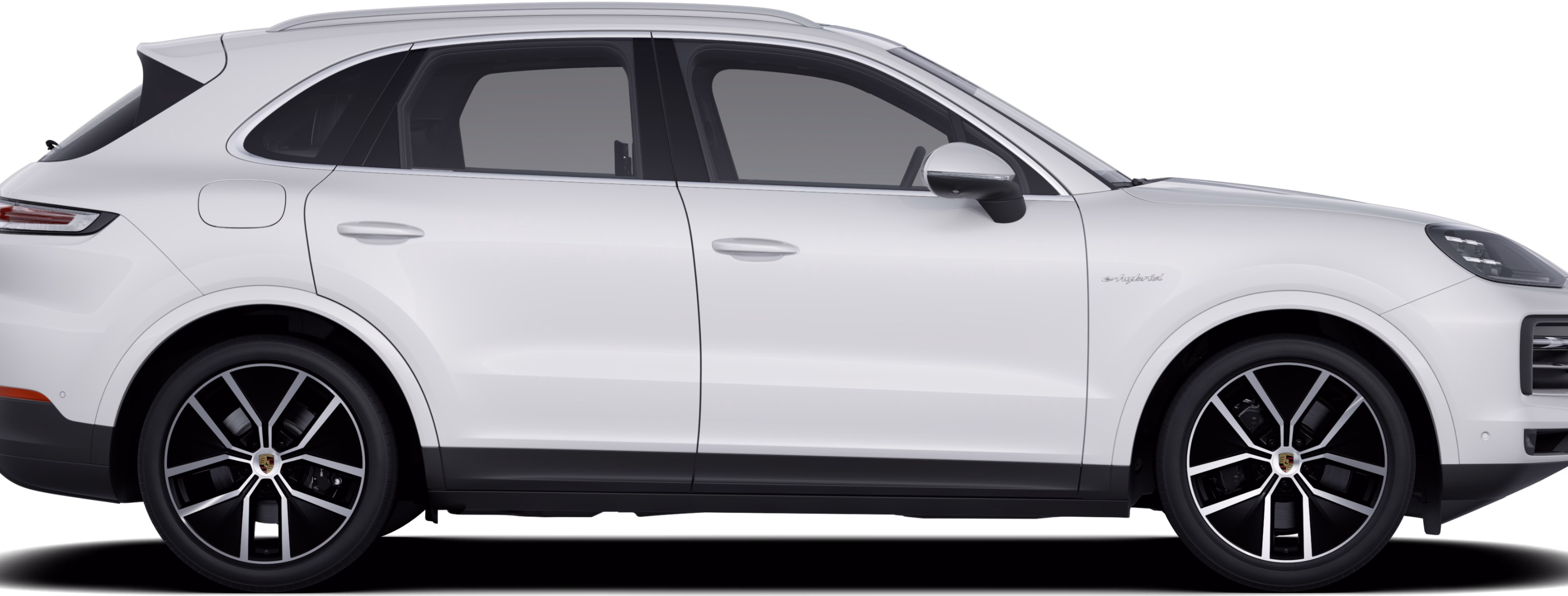 Side view / profile of a Porsche Cayenne E-Hybrid in a Carrara White Metallic paint finish.