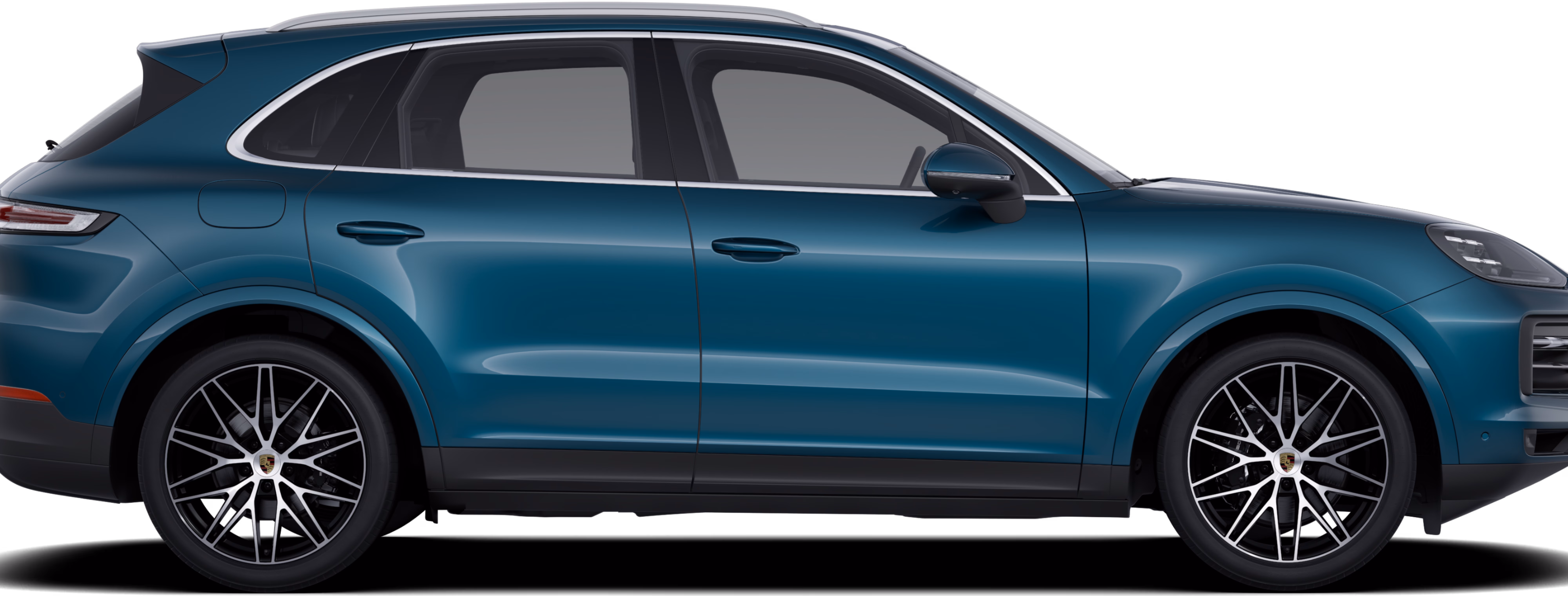 Side view / profile of a Porsche Cayenne in a Montego Blue Metallic paint finish.