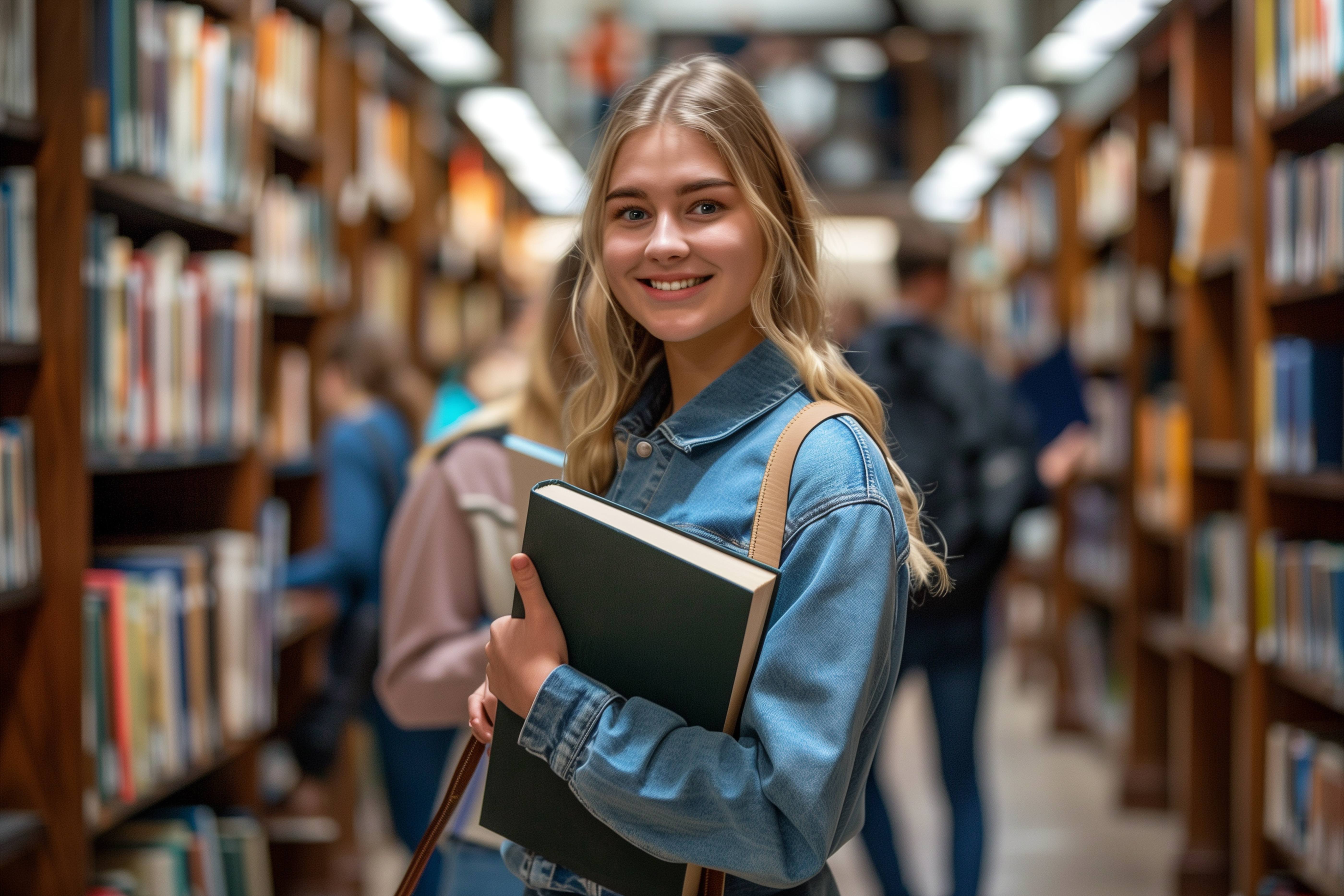 Una giovane donna sorridente con un libro in mano si trova nel corridoio di una biblioteca, circondata da scaffali pieni di libri.