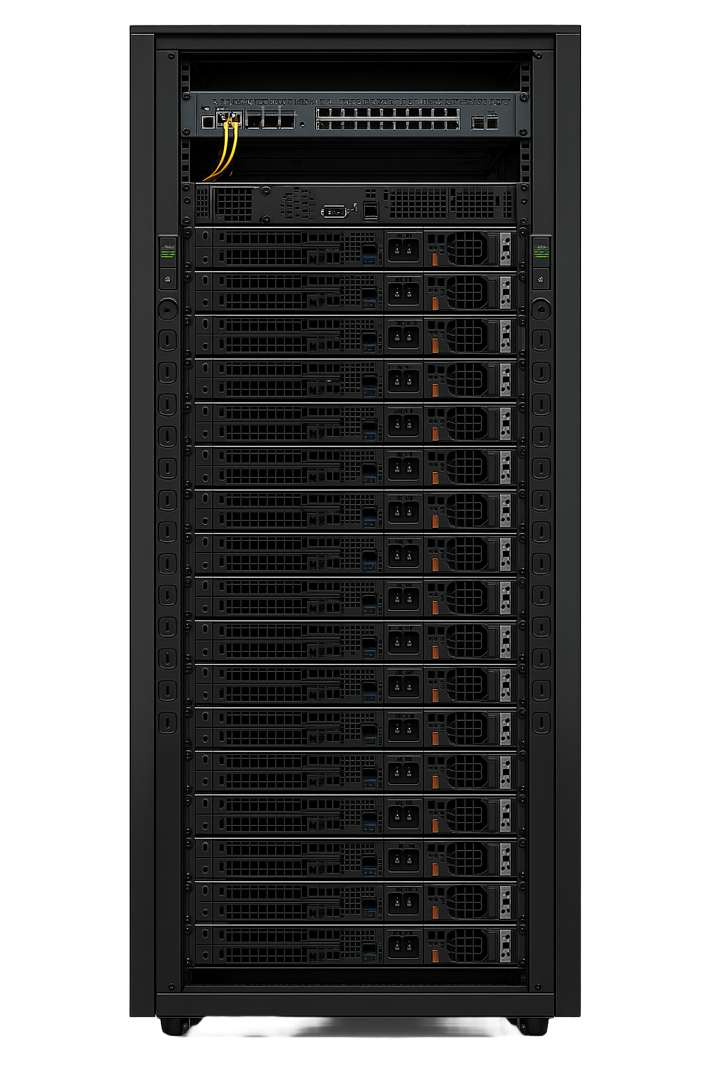 A black server rack filled with multiple stacked servers and a network switch at the top, featuring connected yellow cables.