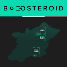 Map of France showing Boosteroid's presence through three interconnected data center locations: dc2scale PAR3 and dc2scale PAR5 in Paris-Vélizy, and dc2scale MRS1 in Marseille. The Boosteroid logo appears above a stylized map highlighting the company's French infrastructure footprint.