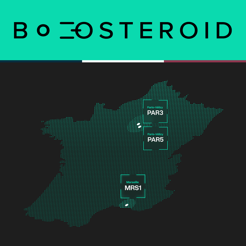 Map of France showing Boosteroid's presence through three interconnected data center locations: dc2scale PAR3 and dc2scale PAR5 in Paris-Vélizy, and dc2scale MRS1 in Marseille. The Boosteroid logo appears above a stylized map highlighting the company's French infrastructure footprint.