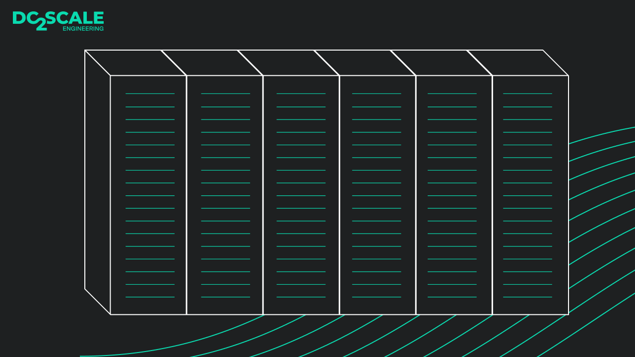 Illustration of 6 racks drawn with green lines with in the upper left corner the DC2SCALE logo