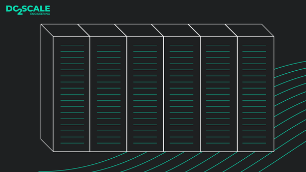 Illustration of 6 racks drawn with green lines with in the upper left corner the DC2SCALE logo