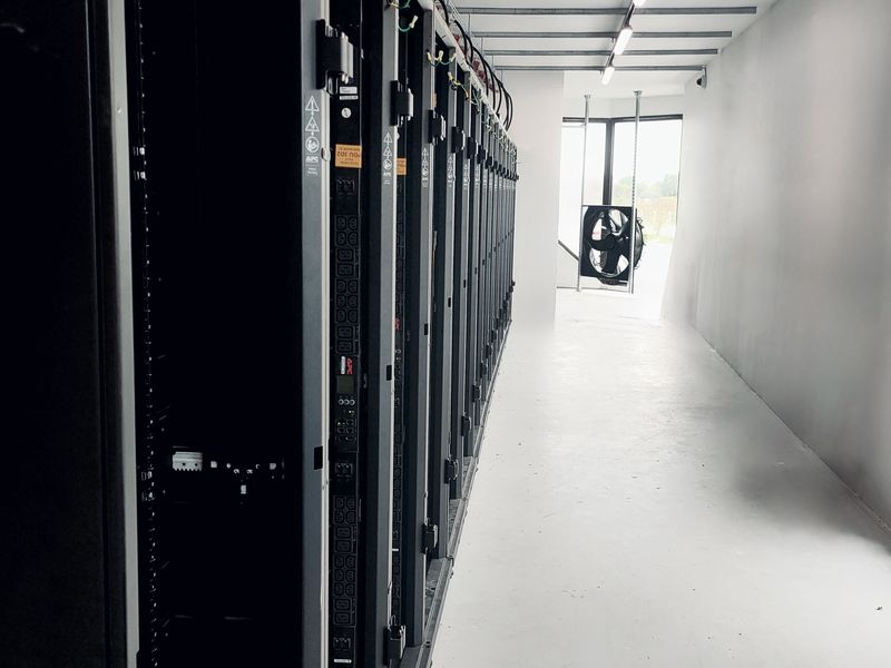 Server racks inside DC2SCALE PAR5 datacenter corridor, showcasing the Direct FreeCooling system with fresh air intake visible at the end