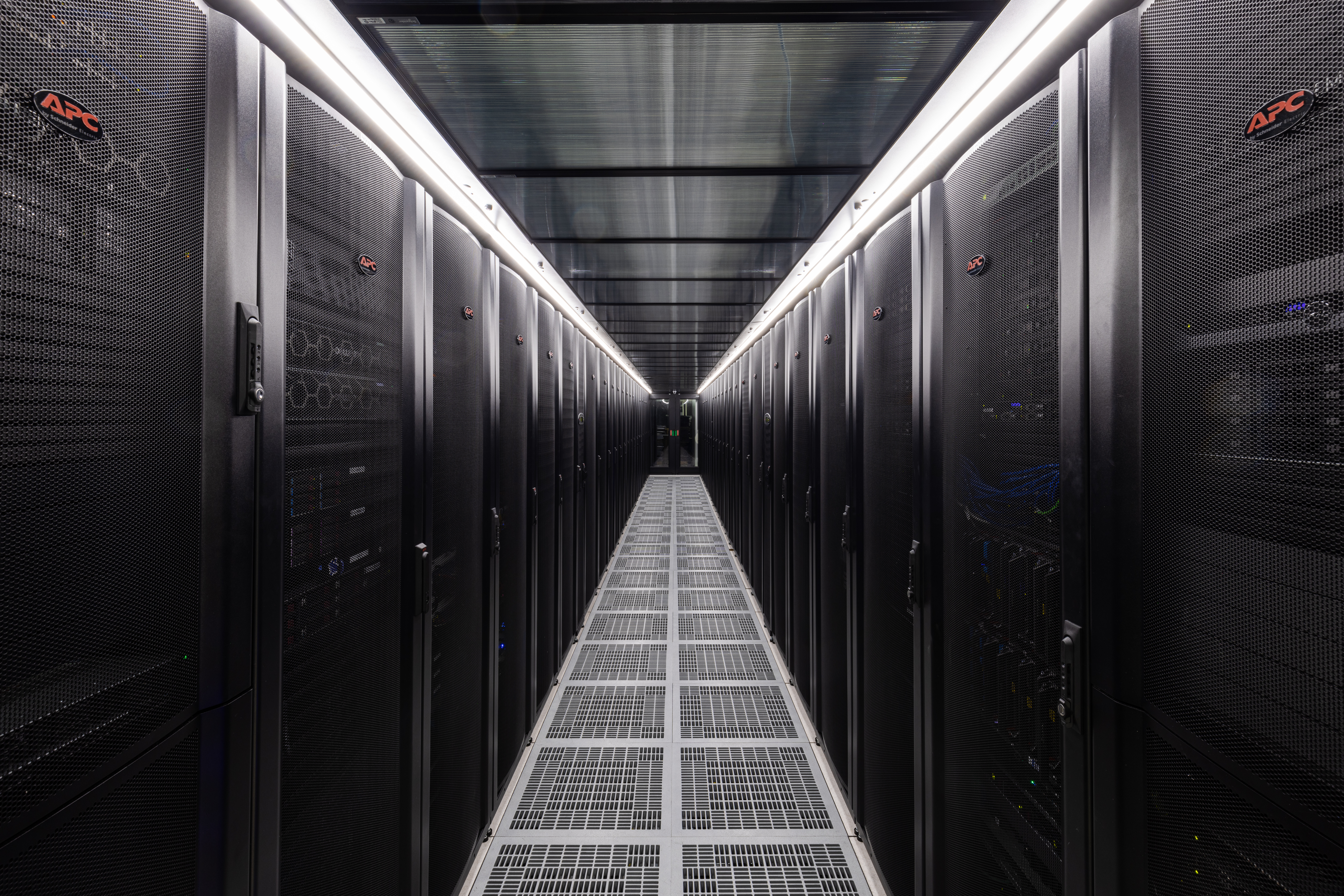 Inside view of a datacenter cold corridor in the DC2SCALE PAR2 Paris-Vélizy Datacenter