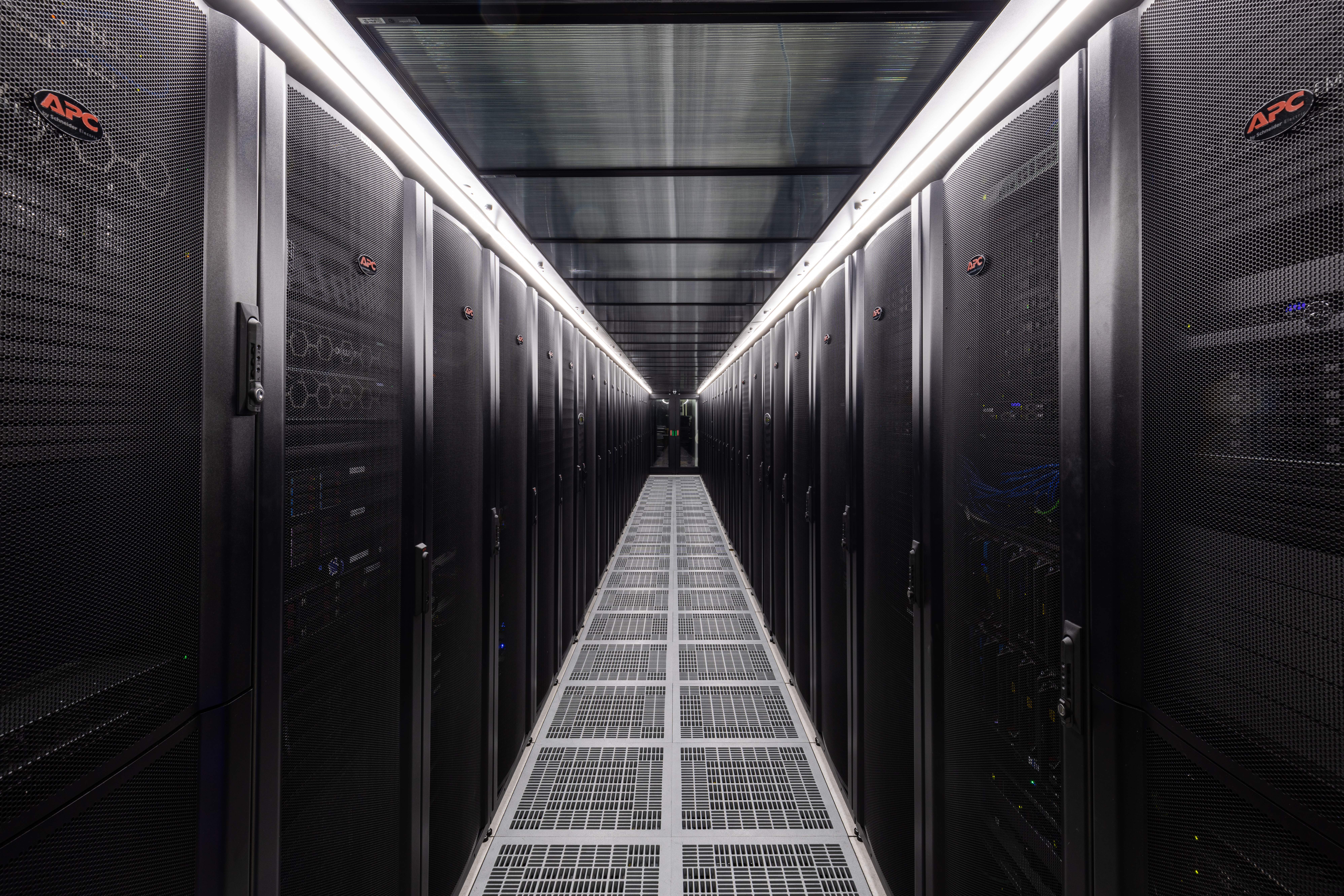 Inside view of a datacenter cold corridor in the DC2SCALE PAR2 Paris-Vélizy Datacenter