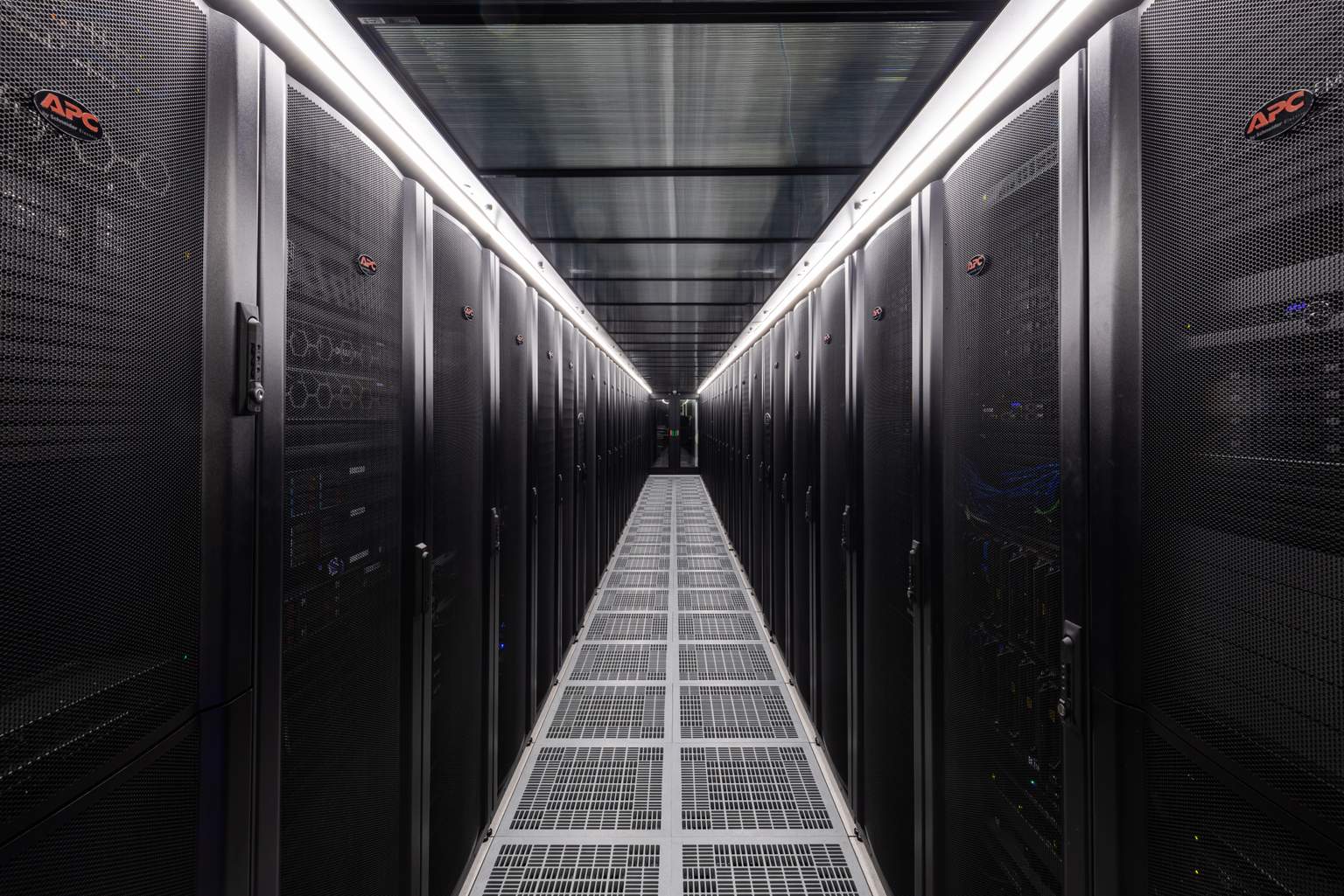 Inside view of a datacenter cold corridor in the DC2SCALE PAR2 Paris-Vélizy Datacenter