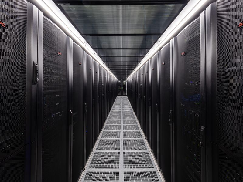 Inside view of a datacenter cold corridor in the DC2SCALE PAR2 Paris-Vélizy Datacenter