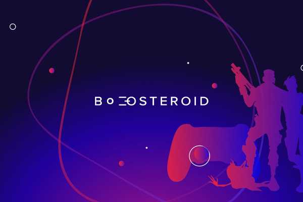 Logo of boosteroid on a blue and red background with the outline of two game caracters and a game controller in the bottom right of the image
