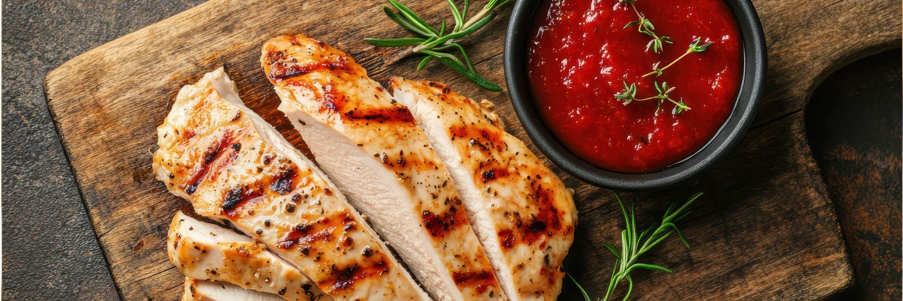 Grilled chicken slices on a wooden board with a bowl of red sauce and rosemary garnish.