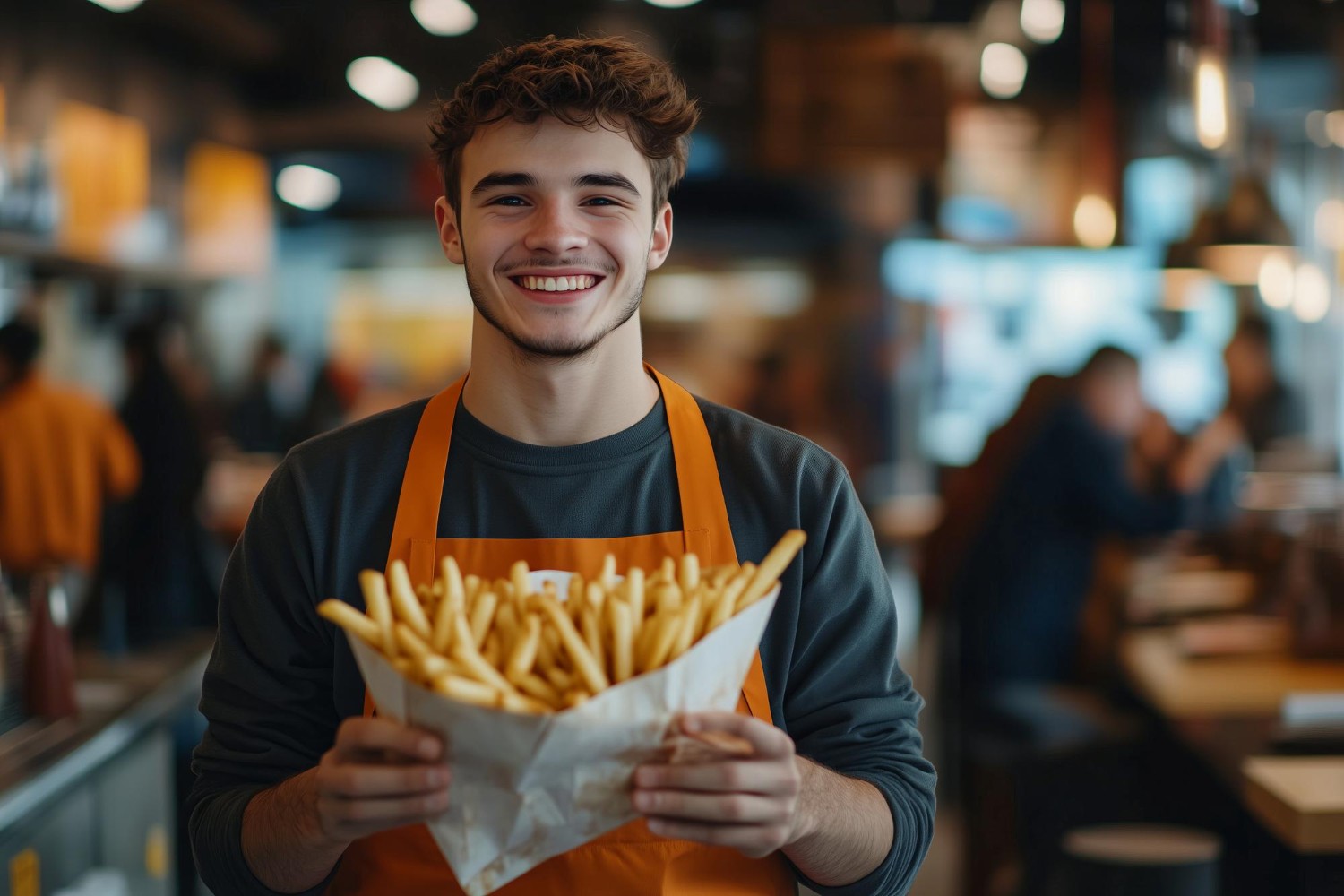 Smiling person in an orange apron holds a large serving of fries in a busy restaurant setting.