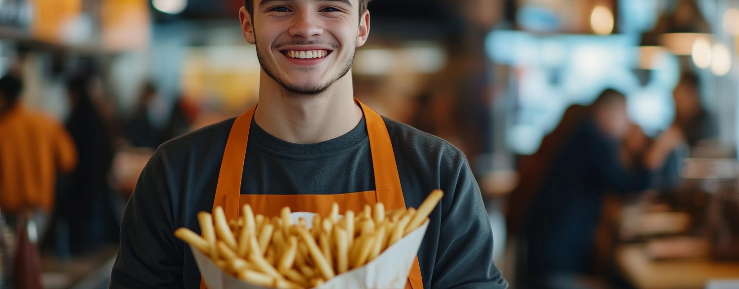 Smiling person in an orange apron holds a large serving of fries in a busy restaurant setting.