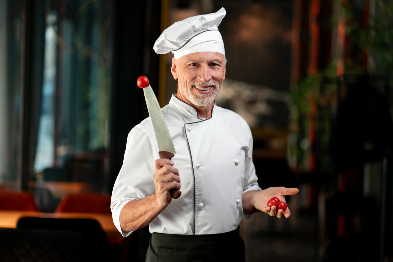 Smiling chef in a white uniform and hat holds a knife and cherry tomatoes in a restaurant kitchen.