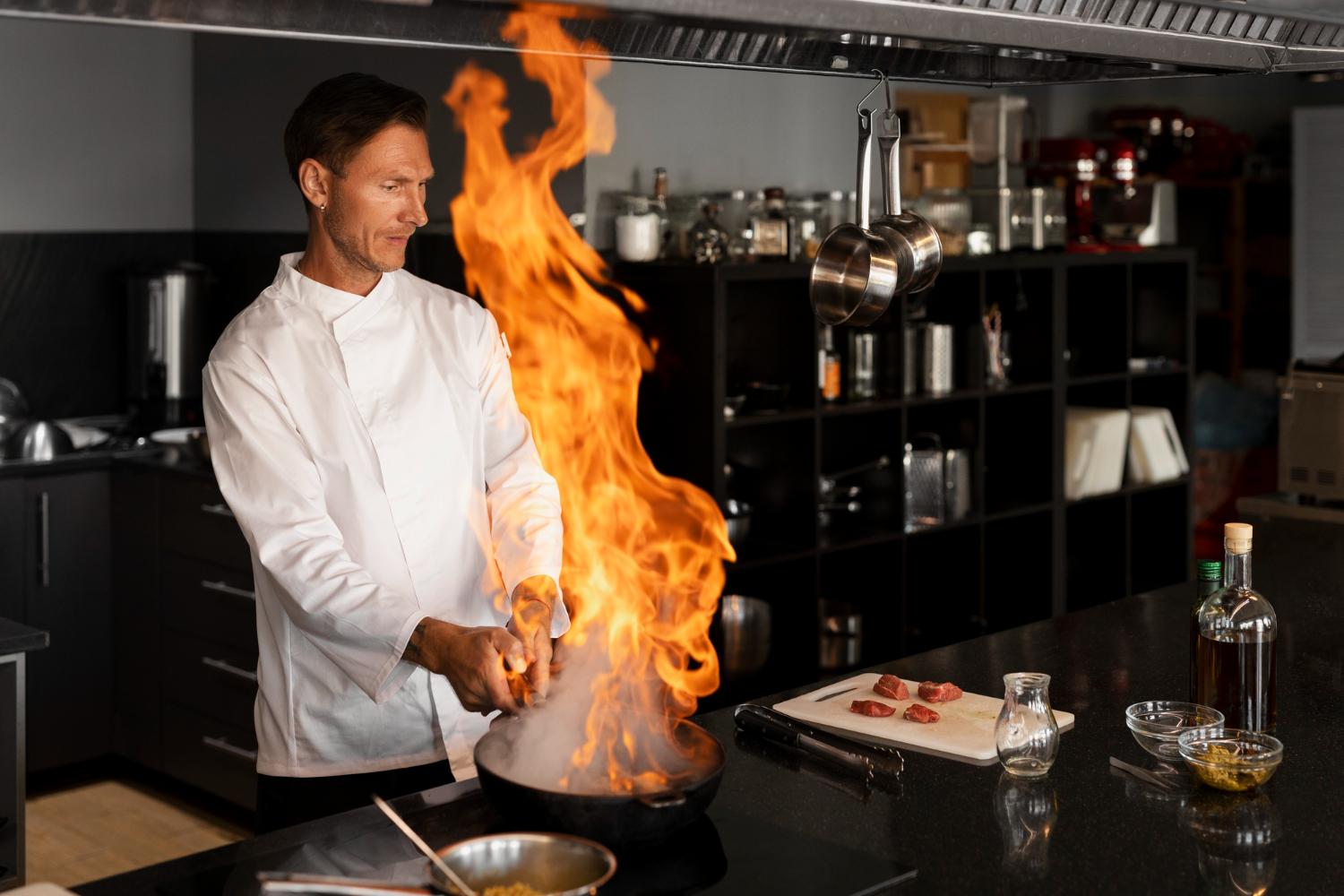 Chef de Cuisine flambiert ein Gericht in der Pfanne