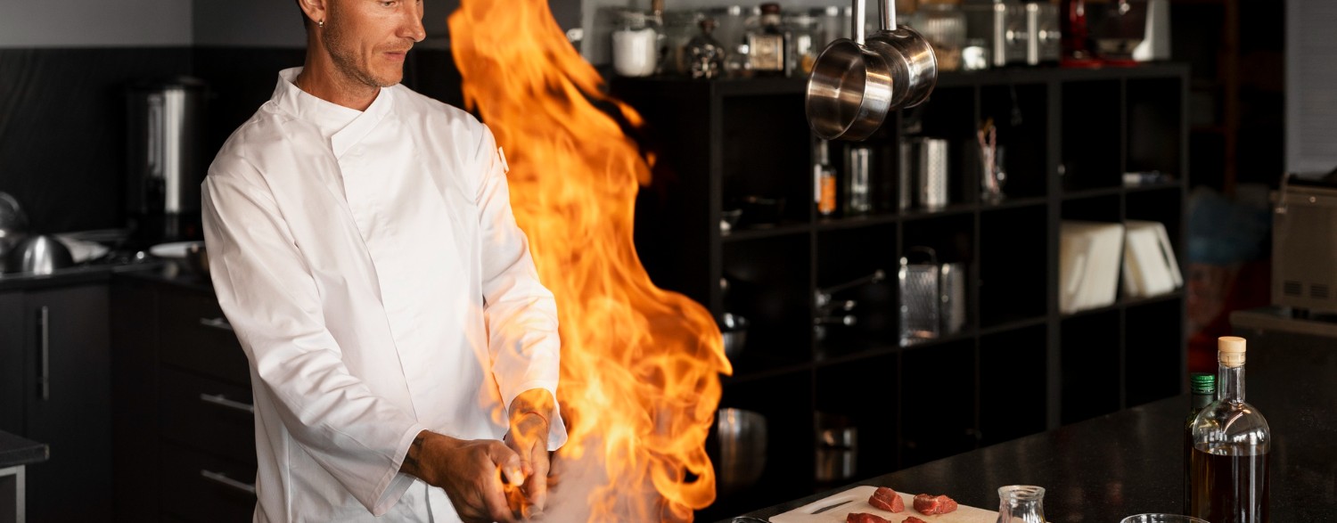 Chef de Cuisine flambiert ein Gericht in der Pfanne