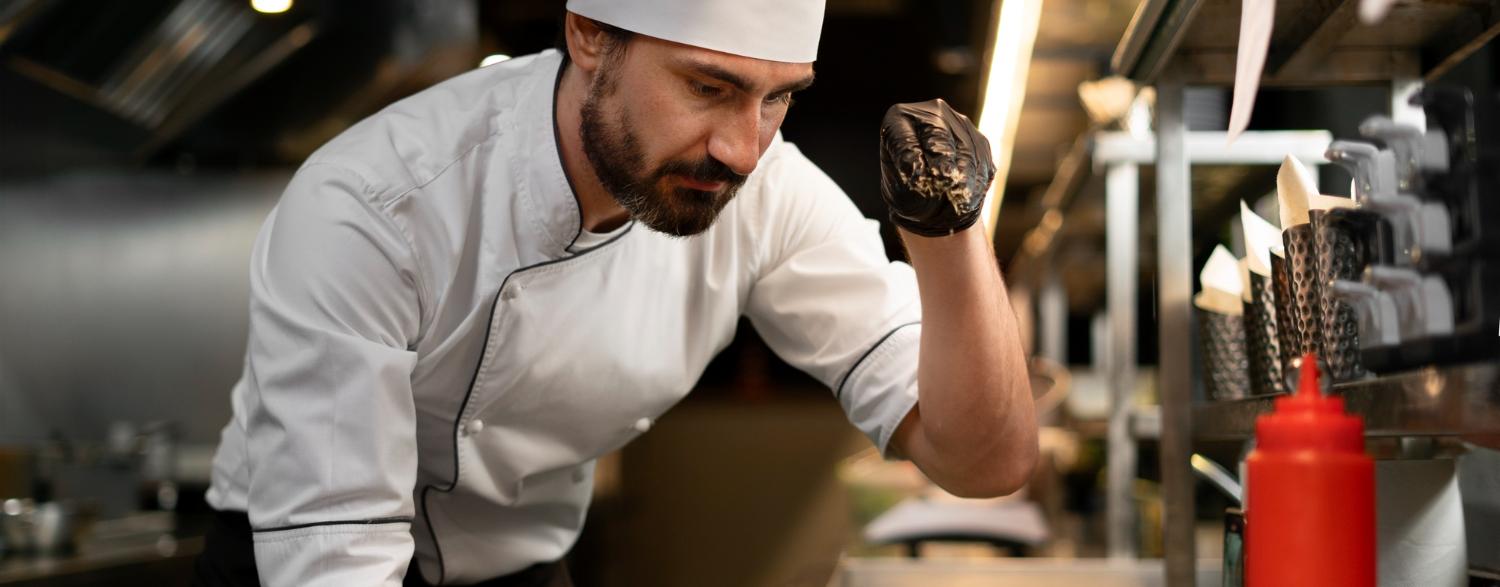 Chef in a white uniform and hat garnishing a dish in a restaurant kitchen, with focused expression and gloved hands.
