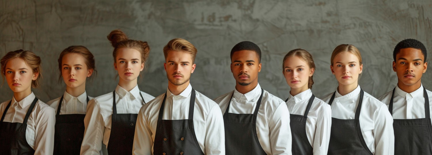 Eight people wearing white shirts and black aprons stand in a row against a textured gray background.