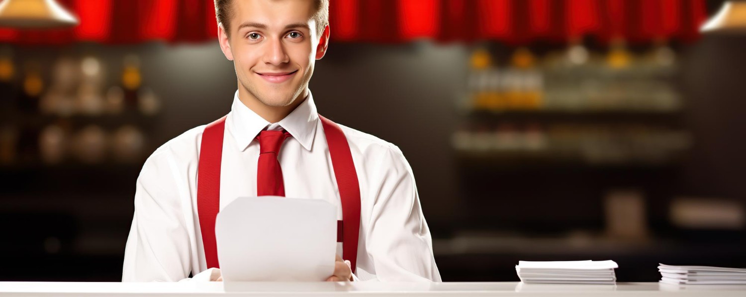 Smiling young man in a white shirt and red suspenders stands at a counter holding papers, with a blurred background of shelves and red decor.