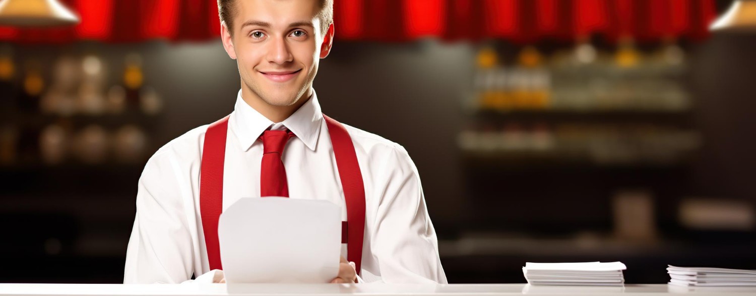 Smiling young man in a white shirt and red suspenders stands at a counter holding papers, with a blurred background of shelves and red decor.