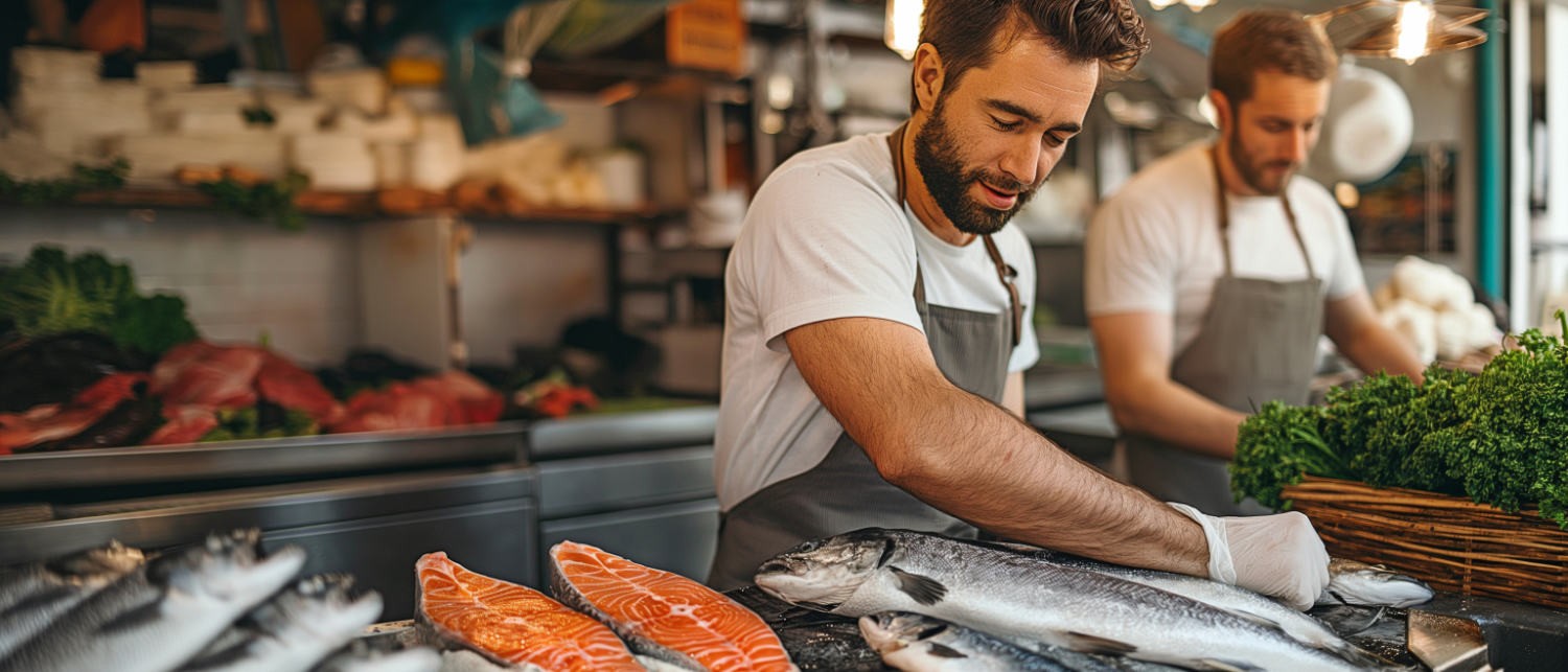 Two fishmongers in aprons work at a seafood market, arranging fresh fish and salmon fillets on ice, with greens on the side.
