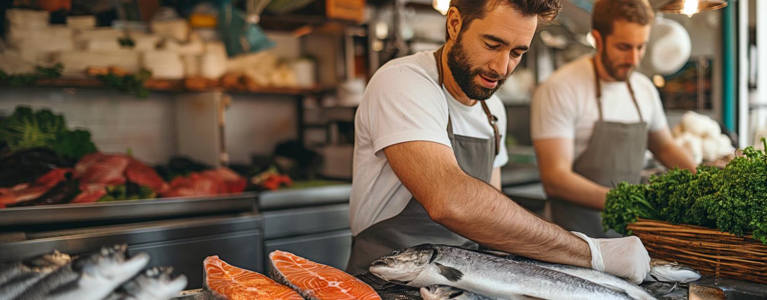 Two fishmongers in aprons work at a seafood market, arranging fresh fish and salmon fillets on ice, with greens on the side.