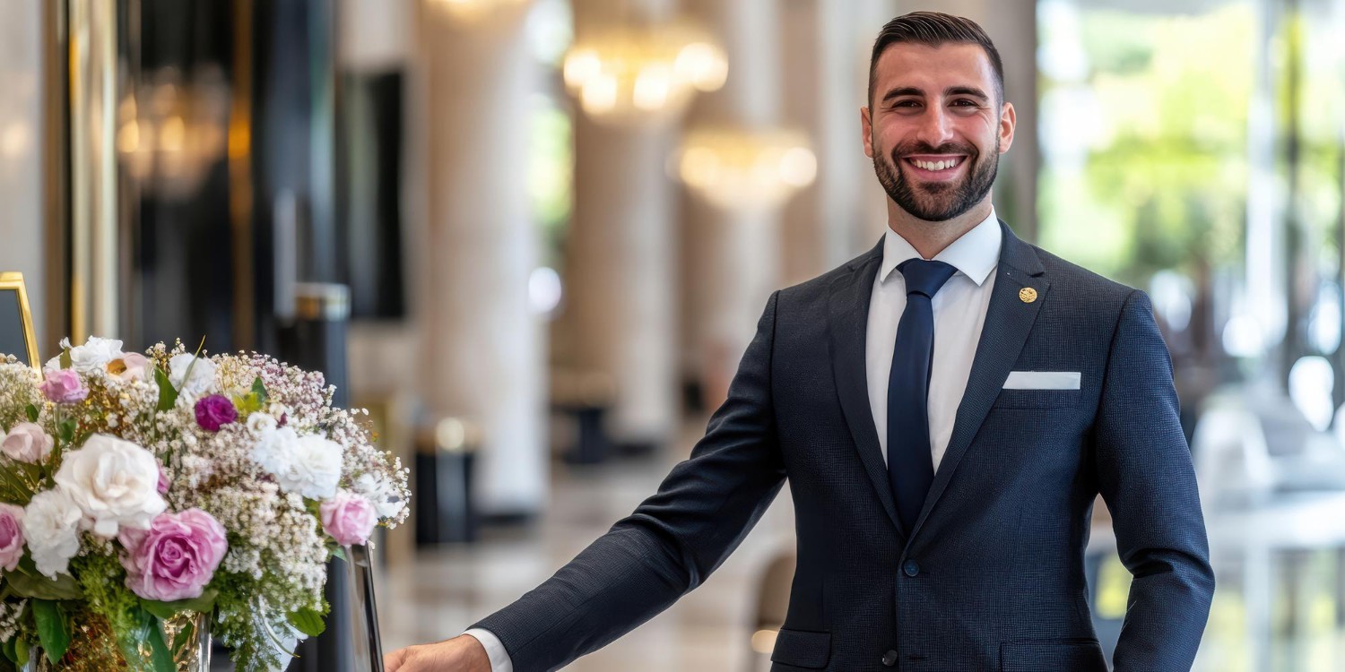 Smiling man in a suit stands in a luxurious lobby, with a bouquet of flowers nearby and elegant chandeliers in the background.
