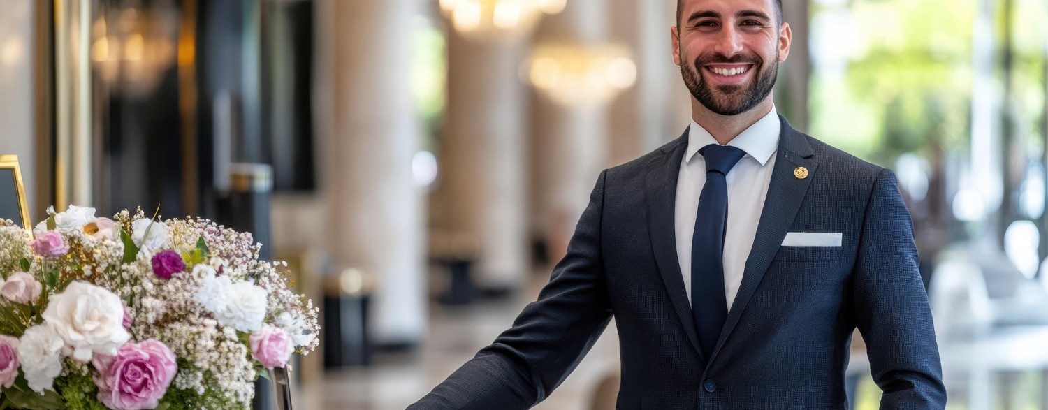 Smiling man in a suit stands in a luxurious lobby, with a bouquet of flowers nearby and elegant chandeliers in the background.