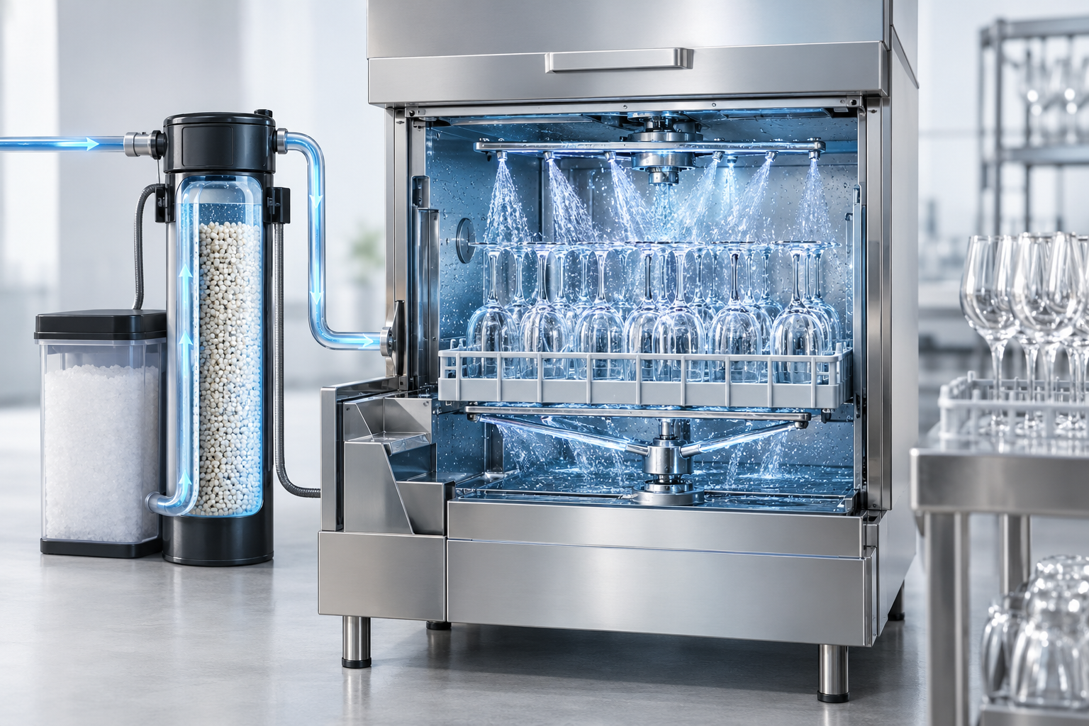 Wie funktioniert eine Gewerbe-Gläserspülmaschine mit Entkalker?