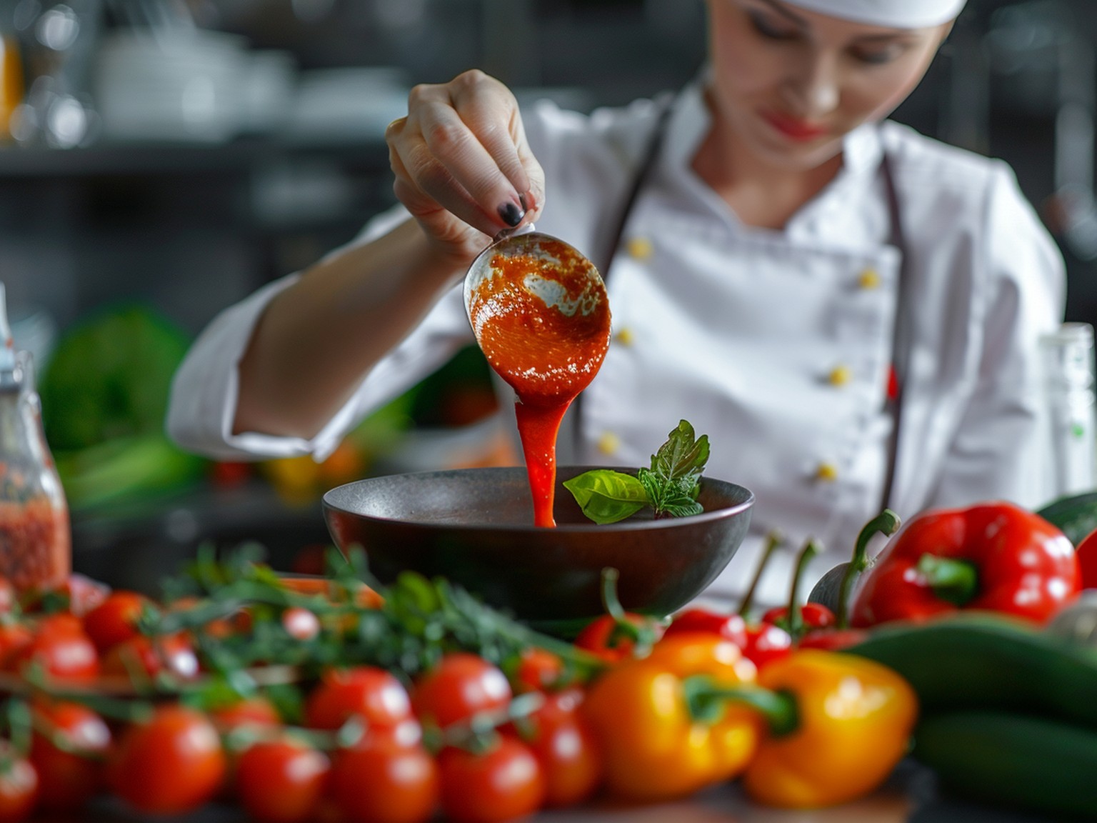 Chef pouring tomato sauce into a bowl surrounded by fresh tomatoes, peppers, and herbs in a kitchen setting.