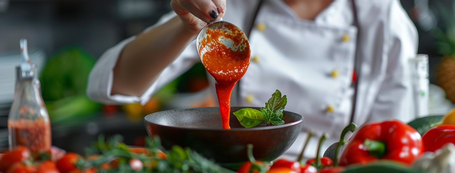 Chef pouring tomato sauce into a bowl surrounded by fresh tomatoes, peppers, and herbs in a kitchen setting.