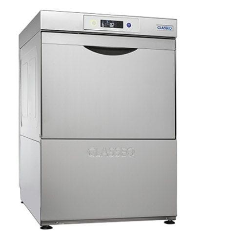 Silver commercial dishwasher with a digital display and "Classeq" branding on the front panel.