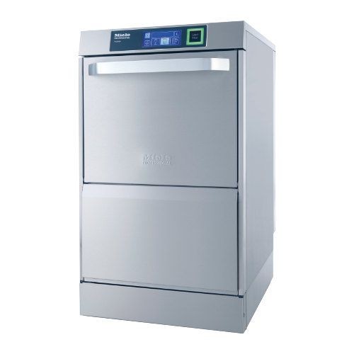A stainless steel commercial dishwasher with a digital display and control panel on top, featuring a sleek handle on the front door.