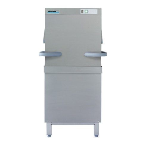 Industrial stainless steel dishwasher with a front-loading door, control panel, and sturdy handles, standing on four legs.