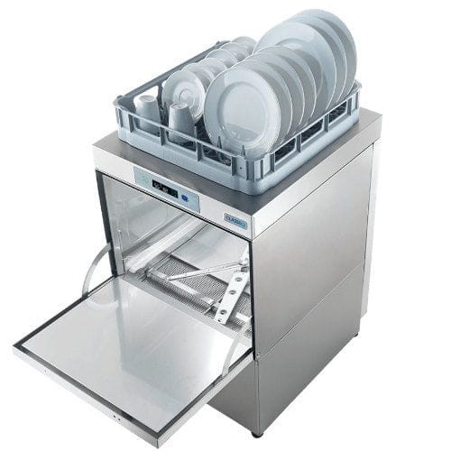 A commercial dishwasher with an open door, showing racks inside. A tray with clean plates and cups is on top. Stainless steel exterior.
