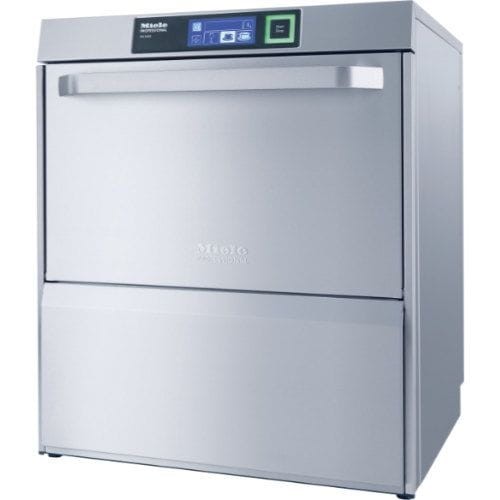 Silver industrial dishwasher with a digital display and handle. The brand name is visible on the front.