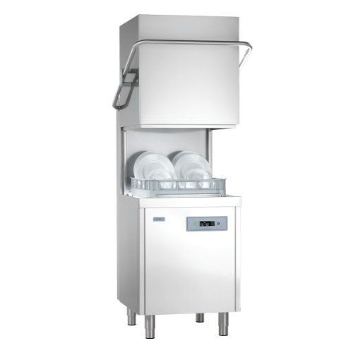 A commercial dishwasher with a stainless steel finish, open top, and visible dish rack inside, standing on four legs.