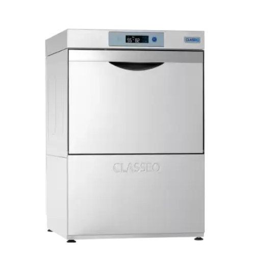 Stainless steel commercial dishwasher with digital display and front-loading door, branded "Classeq" on the front panel.