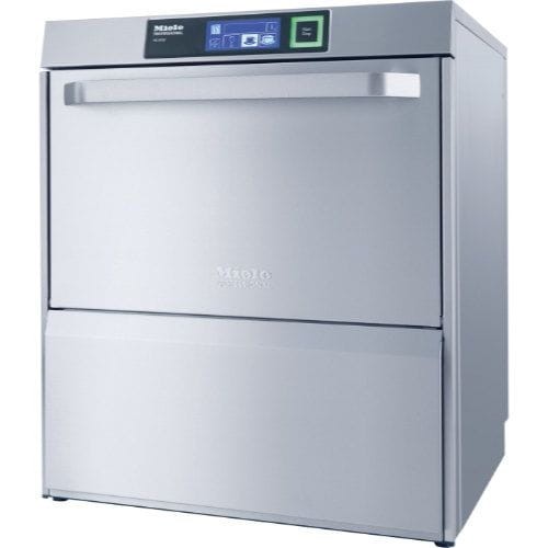 Stainless steel commercial dishwasher with a digital display and handle on the front.