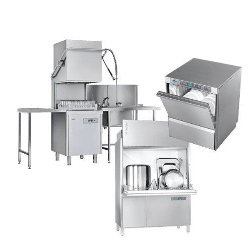 Commercial kitchen dishwashers, including undercounter and hood-type models, with stainless steel exteriors and racks for dishes.