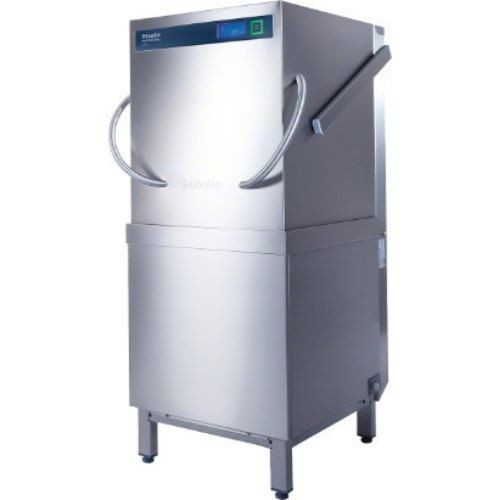 Commercial stainless steel dishwasher with a front-loading door, digital display, and control panel on top.